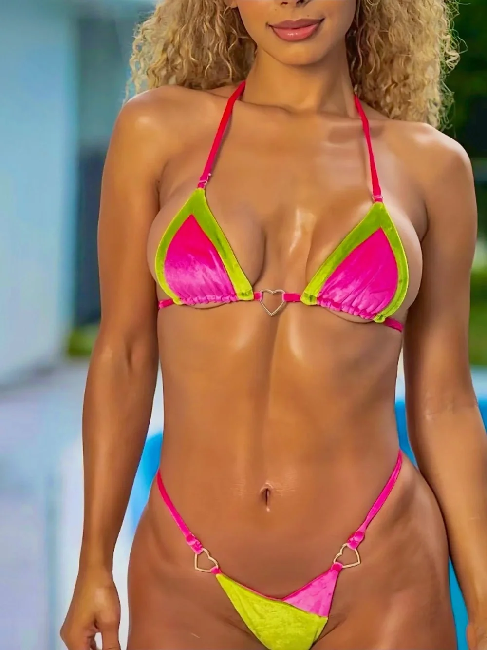 Hot Pink Lime Green Velvet Micro Bikini Set | Size M